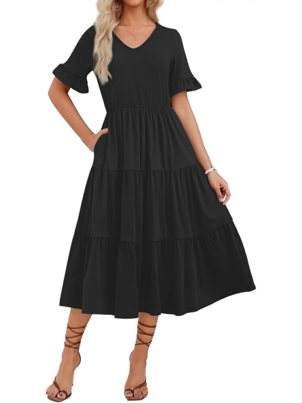 Zeagoo Women's Black Floral Tiered Casual  V Neck Ruffle Short Midi Maxi Dress